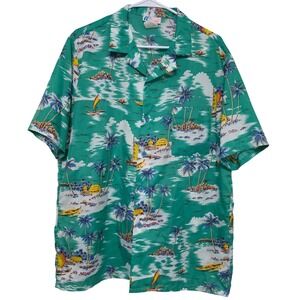 Vintage 80s Islander Hawaiian Shirt XL Green Tropical Island Beach Palm Made USA